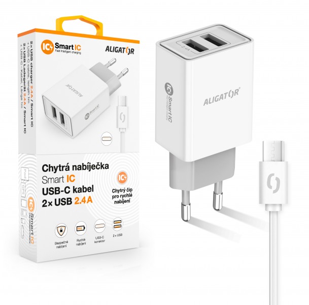 Nabíječka Aligator CHA0043 Smart IC 2x USB 2.4A s USB-C kabelem bílá