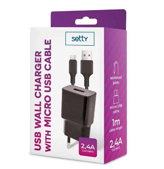 Nabíječka Setty 2.4A s MicroUSB kabelem 1m černá