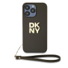 DKNY PU Leather Stack Logo Wrist Strap Zadní Kryt pro iPhone 14 Pro Max Brown