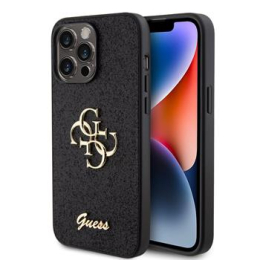 Guess PU Fixed Glitter 4G Metal Logo Zadní Kryt pro iPhone 15 Pro Max Black