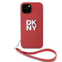 DKNY PU Leather Stack Logo Wrist Strap Zadní Kryt pro iPhone 14 Red