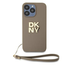 DKNY PU Leather Stack Logo Wrist Strap Zadní Kryt pro iPhone 14 Pro Beige