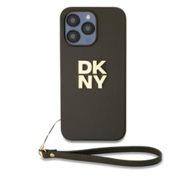 DKNY PU Leather Stack Logo Wrist Strap Zadní Kryt pro iPhone 14 Pro Brown