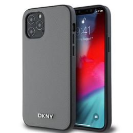 DKNY PU Leather Silver Metal Logo Magsafe Zadní Kryt pro iPhone 12/12 Pro Grey