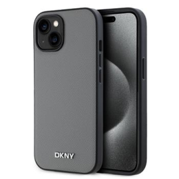 DKNY PU Leather Silver Metal Logo Magsafe Zadní Kryt pro iPhone 14 Grey