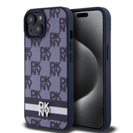 DKNY PU Leather Checkered Pattern and Stripe Zadní Kryt pro iPhone 15 Blue