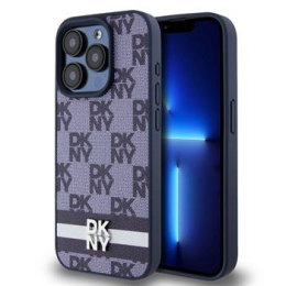 DKNY PU Leather Checkered Pattern and Stripe Zadní Kryt pro iPhone 15 Pro Blue