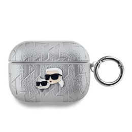 Karl Lagerfeld PU Embossed Karl and Choupette Heads Pouzdro pro AirPods Pro Silver