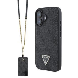 Guess PU 4G Strass Triangle Metal Logo Zadní Kryt + Crossbody Popruh pro iPhone 16 Black