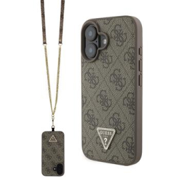 Guess PU 4G Strass Triangle Metal Logo Zadní Kryt + Crossbody Popruh pro iPhone 16 Brown