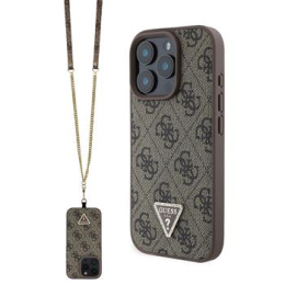 Guess PU 4G Strass Triangle Metal Logo Zadní Kryt + Crossbody Popruh pro iPhone 16 Pro Brown