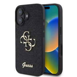 Guess PU Fixed Glitter 4G Metal Logo Zadní Kryt pro iPhone 16 Black