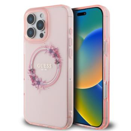 Guess IML Flowers Ring MagSafe Zadní Kryt pro iPhone 16 Pro Max Pink