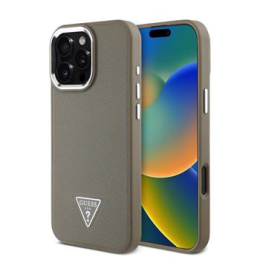 Guess PU Grained Triangle Logo Zadní Kryt pro iPhone 16 Pro Max Brown