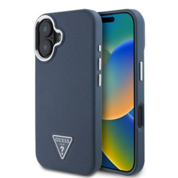 Guess PU Grained Triangle Logo Zadní Kryt pro iPhone 16 Blue