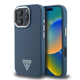 Guess PU Grained Triangle Logo Zadní Kryt pro iPhone 16 Pro Max Blue