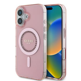 Guess IML Rhinestones Ring MagSafe Zadní Kryt pro iPhone 16 Pink