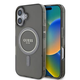 Guess IML Glitter Ring MagSafe Zadní Kryt pro iPhone 16 Black