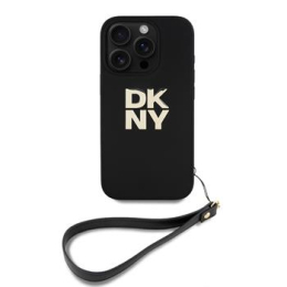 DKNY PU Leather Stack Logo Wrist Strap Zadní Kryt pro iPhone 16 Pro Black