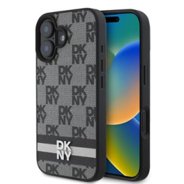 DKNY PU Leather Checkered Pattern and Stripe Zadní Kryt pro iPhone 16 Black