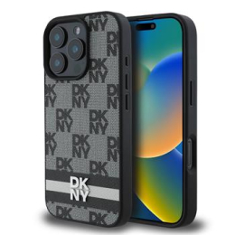 DKNY PU Leather Checkered Pattern and Stripe Zadní Kryt pro iPhone 16 Pro Black