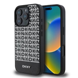 DKNY PU Leather Repeat Pattern Bottom Stripe MagSafe Zadní Kryt pro iPhone 16 Pro Max Black