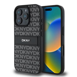 DKNY PU Leather Repeat Pattern Tonal Stripe Zadní Kryt pro iPhone 16 Pro Black