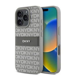 DKNY PU Leather Repeat Pattern Tonal Stripe Zadní Kryt pro iPhone 16 Pro Beige