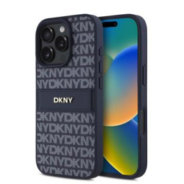 DKNY PU Leather Repeat Pattern Tonal Stripe Zadní Kryt pro iPhone 16 Pro Blue